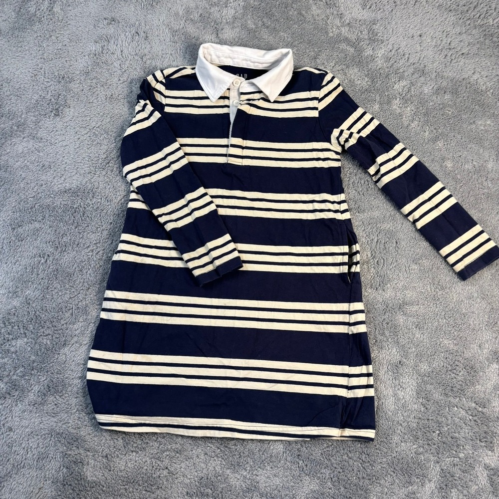 Gap Kids Girls Navy Blue White Striped Long Sleeve Rugby Polo Dress Size S 6/6X - Picture 2 of 5